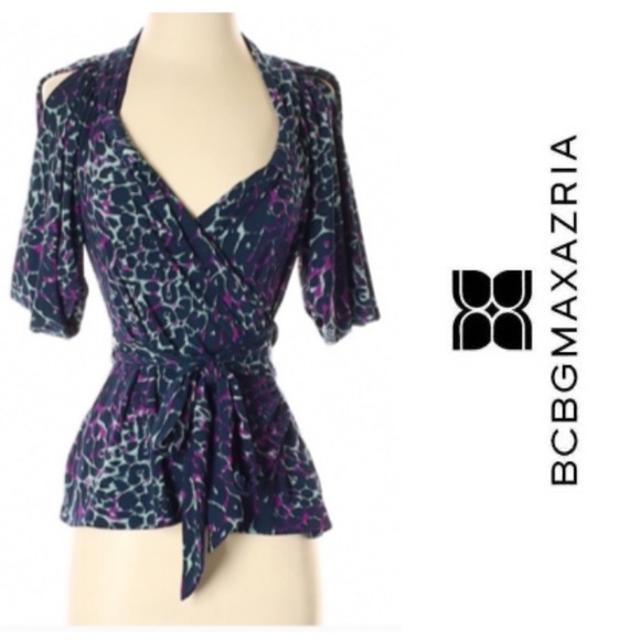 BCBGMAXAZRIA Wrap Stretchy Blouse. Attached Belt. (Poly/Spandex). EUC - Picture 6 of 6